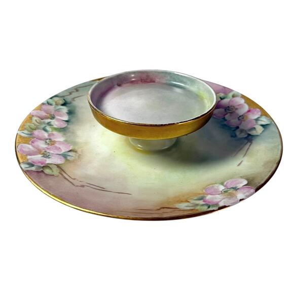 Limoges Porcelain Dogwood Caviar Plate Serving Antiques Tiered Hand Painted Pink - Picture 4 of 9